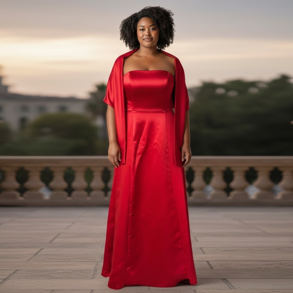 Prom Red Strapless Satin Gown with Elegant Red Shawl Junior Size 19/20